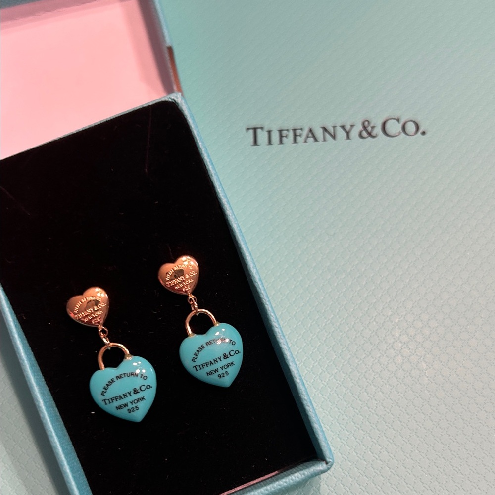 Tiffany & Co. 925 Sterling Silver Gold Tone and Tiffany Blue Heart Drop Earrings